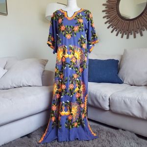 Vintage Mexican Maxi Embroidered Periwinkle Orange Kaftan Dress